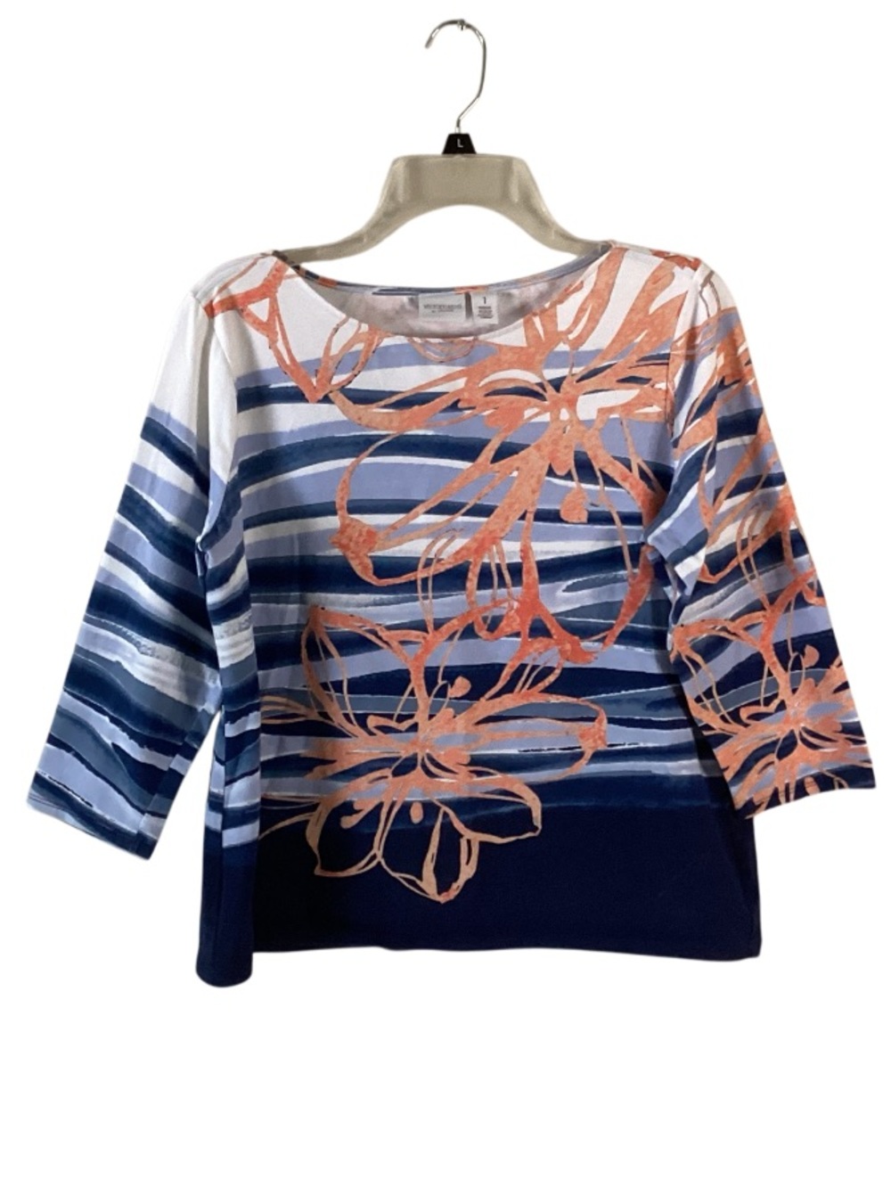 Chico's Weekends Navy & Peach Striped Floral Top Medium